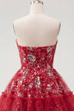 Sparkly Red A Line Short Beaded Ruched Floral Homecoming Dress with Ruffles