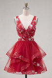 Red Ruched Floral Cut Out A Line Short Homecoming Dress with Ruffles