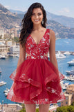 Red Ruched Floral Cut Out A Line Short Homecoming Dress with Ruffles