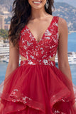 Red Ruched Floral Cut Out A Line Short Homecoming Dress with Ruffles