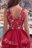 Red Ruched Floral Cut Out A Line Short Homecoming Dress with Ruffles