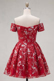 Sparkly Red Floral A Line Short Corset Homecoming Dress with Beading