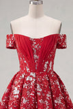 Sparkly Red Floral A Line Short Corset Homecoming Dress with Beading