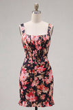 Black Pink Flower Tight Short Thick Straps Corset Homecoming Dress with Ruffles