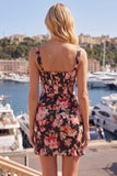 Black Pink Flower Tight Short Thick Straps Corset Homecoming Dress with Ruffles