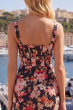 Black Pink Flower Tight Short Thick Straps Corset Homecoming Dress with Ruffles