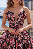 Black Pink Flower A Line V-Neck Ruched Short Homecoming Dress with Bows