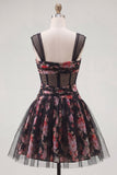 Black Pink Floral A Line Ruched Short Corset Homecoming Dress