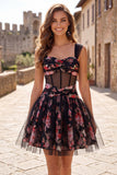 Black Pink Floral A Line Ruched Short Corset Homecoming Dress