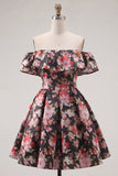 Black Pink Flower A Line Off the Shoulder Short Homecoming Dress