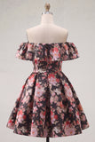 Black Pink Flower A Line Off the Shoulder Short Homecoming Dress