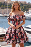 Black Pink Flower A Line Off the Shoulder Short Homecoming Dress