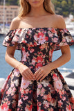 Black Pink Flower A Line Off the Shoulder Short Homecoming Dress