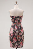 Black Pink Flower Strapless Ruched Tight Short Corset Homecoming Dress