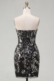 Sparkly Black Ruched Floral Tight Short Strapless Homecoming Dress with Sequins