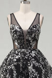 Floral Sparkly Black Sequin A Line Short Homecoming Dress