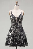 Sparkly Black Spaghetti Straps Floral Short Sequin A Line Homecoming Dress