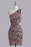 Coffee Leopard Print One Shoulder Cut Out Ruched Tight Short Homecoming Dress