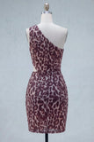 Coffee Leopard Print One Shoulder Cut Out Ruched Tight Short Homecoming Dress
