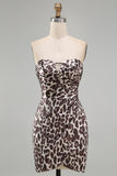 Coffee Strapless Ruched Tight Leopard Print Short Homecoming Dress