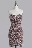 Coffee Strapless Ruched Tight Leopard Print Short Homecoming Dress