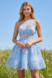 Floral Sparkly Blue Sequin A Line Keyhole Corset Short Homecoming Dress with Ruffles