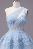 Floral Sparkly Blue Sequin A Line Keyhole Corset Short Homecoming Dress with Ruffles