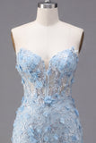 Floral Sparkly Blue Corset Tight Short Strapless Homecoming Dress with Beading