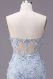 Floral Sparkly Blue Corset Tight Short Strapless Homecoming Dress with Beading