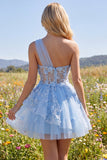 Sparkly Blue Beaded Corset Floral A Line Short Homecoming Dress with Ruffles