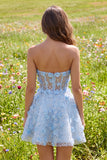 Sparkly Blue A Line Floral Corset Short Strapless Homecoming Dress with Beading