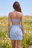 Floral Sparkly Blue Cut Out Tight Corset Short Beaded Homecoming Dress with Slit