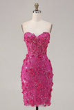 Sparkly Fuchsia Floral Sweetheart Tight Short Corset Homecoming Dress with Beading