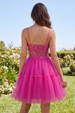Sparkly Fuchsia A Line Floral Beaded Short Corset Spaghetti Straps Homecoming Dress