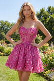 Sparkly Fuchsia Floral A Line Cut Out Corset Beaded Short Homecoming Dress