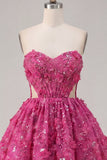 Sparkly Fuchsia Floral A Line Cut Out Corset Beaded Short Homecoming Dress