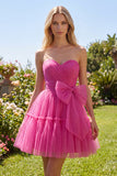 Fuchsia A Line Sweetheart Ruched Short Homecoming Dress with Bow