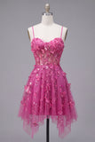 A Line Sparkly Fuchsia Beaded Short Corset Floral Homecoming Dress