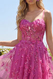 A Line Sparkly Fuchsia Beaded Short Corset Floral Homecoming Dress