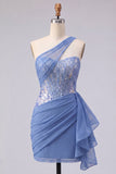 Sparkly Grey Blue Ruched Corset Tight Short Homecoming Dress with Lace