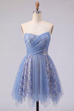 Sparkly Grey Blue Ruched Short Corset Homecoming Dress with Lace
