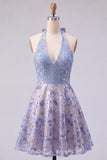 Sparkly Grey Blue Halter Beaded A Line Short Homecoming Dress with Bow