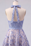 Sparkly Grey Blue Halter Beaded A Line Short Homecoming Dress with Bow
