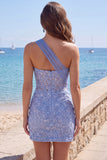 Sparkly Grey Blue Corset One Shoulder Tight Short Lace Homecoming Dress