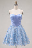 Sparkly Blue A Line Strapless Beaded Floral Short Corset Homecoming Dress