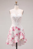 White Fuchsia Flower A Line Keyhole Short Corset Homecoming Dress with Ruffles