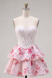 White Fuchsia Flower Strapless A Line Corset Short Homecoming Dress with Ruffles