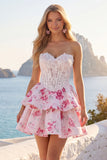 White Fuchsia Flower Strapless A Line Corset Short Homecoming Dress with Ruffles