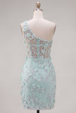 Mint One Shoulder Corset Floral Bodycon Appliqued Homecoming Dress with Slit