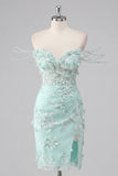Mint Floral Off the Shoulder Corset Bodycon Appliqued Homecoming Dress with Slit